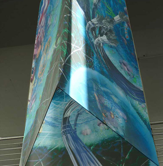 Large three panel fabric hanging of the workings of the cell. Linda Nye Visualizing Nature
