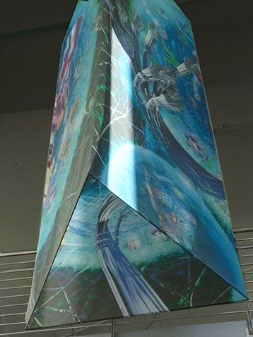 Large three panel fabric hanging of the workings of the cell. Linda Nye Visualizing Nature