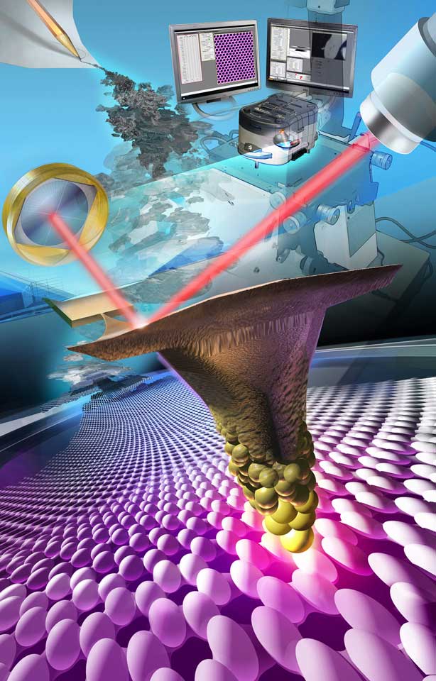 Illustration of the transition of graphene from a pencil lead though, to flakes, layer of atoms, atoms, scanning probe microscope, SPM